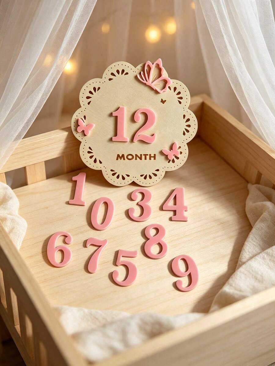 Floral Wooden Milestone Calendar Photo Frame Prop, Baby Birthday Growth Record Photography Accessory