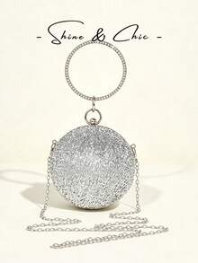 Luxury Glitter Round Evening Clutch Round Hard Frame Bag Rhinestone Ring Handle Fashionable Women's Handbag Suitable For Weddings And Evening Events - Silver - View 8
