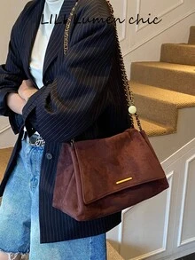Metal Long Bar Matte Medium Capacity Flip Cover Vintage Maillard Style Chain Crossbody Bag For Women, Shopping, Dating, Commuting, INS Shoulder Underarm Bag - Coffee - View 6