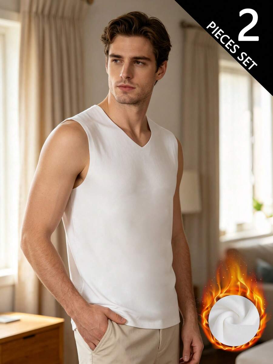 Norcotton Men's 2-Pack Thermal V-Neck Undershirts, Autumn/Winter Stretch Slim Fit Seamless Sleeveless Base Layer - White - View 1