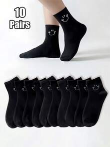 5/10/20 Pairs Women's Fun Printed Mid-Calf Socks, Avant-Garde Smiling Face Black Calf Socks, Suitable For Streetwear - Black - View 10