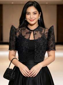 現代菲律賓風蝴蝶袖女款春夏蕾絲泡泡短袖短版開襟 Polo 襯衫 - 黑色 - 查看 6