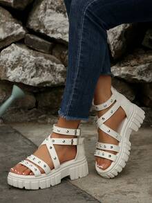 Punk Rivet Thick Sole Roman Sandals For Women, Multi-Strap Double Buckle High-Top Gear Sole Open Toe Platform Wedge Sandals, Peep Toe Thick Sole Height-Increasing Casual Versatile Women's Shoes - White - View 4