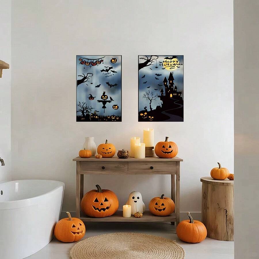 2pcs/Set, Halloween Bat, Castle, Pumpkin Lantern, Modern Aesthetic Painting Mural, Printed Poster, Fashion Home Decor Gift, Unframed - Cartoon - View 1