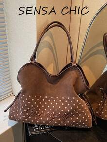 Sweet Polka Dot English Embroidery Patchwork Large Capacity Drawstring Tote Bag, Vintage Korean Slouchy, Shoulder Bag For Girls, Students, Commuting, Shopping, - Coffee - View 8