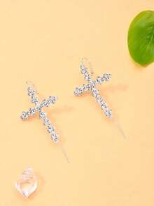 FAAABULS 1 Pair Women's Silver Rhinestone Cross Ear Cuffs, Sparkling Crystal Cross Ear Clips, Elegant Personalized Earrings, Suitable For Party, Wedding And Daily Wear - Silver - View 6