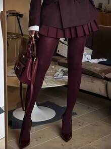 1pc Women's Semi-Sheer Sexy Red Tights, Slim Fit Leggings, Suitable For Dates And Parties - Multicolor - View 2