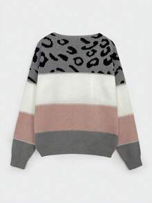 Women's Oversized Cute Colorblock Leopard Print Sweater, Casual Comfortable Ribbed Knit Crew Neck Long Sleeve Pullover Top Fall - Multicolor - View 6