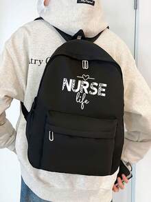 Mochila escolar de gran capacidad, unicolor, versátil, para estudiantes, vuelta a clases - Negro - Ver 8