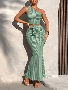 AIJ Women's Green Striped 2 Pieces Set, One-Shoulder Crop Top + Drawstring Ruched Fishtail Long Bodycon Skirt, Suitable For Beach Vacation, Dating, Outing, Party And Holiday Wear - Mint Green - View 4