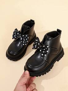 1 Pair Girls' Ankle Boots, Cute Polka Dot Bow Decor, Scalloped Edge Stitching, Hook And Loop Strap, Thick Textured Sole, Children's Boots, Suitable For Autumn/Winter, Daily, School, Party, Holiday Performance - Black - View 10