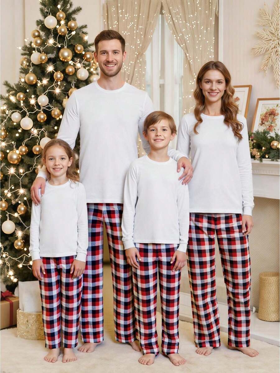 Family Matching Christmas Pajama Set, Solid Color Long Sleeve Tops And Plaid Pants Sleepwear Outfits - White - View 1