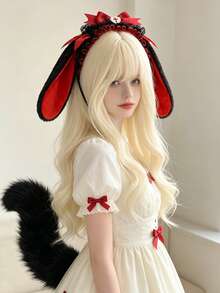 2pcs Handmade Cute Sweet Fluffy Lolita Bow Alice Rabbit Ears Costume Set, Includes Lace Rabbit Ears Headband + Rabbit Tail, Suitable For Theme Party/Cosplay/Gathering/Masquerade/Halloween And Other Occasions, Also Suitable As Photography Props - Multicolor - View 2