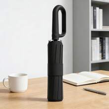 UNISURE 1pc Compact Gravity Lock One-Handed Automatic Folding Umbrella, High-Strength Alloy Frame, Enlarged Thickened Reinforced, Fashionable Round Canopy With Handle Ring, 3s Quick Open 360° Windproof Design, Business Travel Folding Umbrella, Suitable For Christmas, Thanksgiving And Daily Commute Gift - Black - View 3
