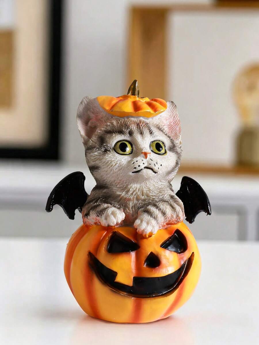 Halloween Decoration Cute Pumpkin Cat Resin Figurine, Pumpkin Lantern Cat Desktop Ornament, Indoor Home Office Country Bar Party Holiday Decor, Unique Creative Birthday Handmade Gift For Cat Lovers Animal Collection Statue