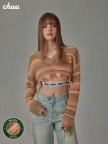 CHUU Colorful Striped Knit Sweater Women Autumn Sweet Cool Distressed Hollow Out Short Loose Top - Orange - View 3