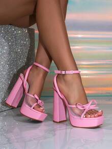 Women's Thick Platform Pink Square Toe High Heel Sandals, Glamorous Party Slippers - Pink - View 3