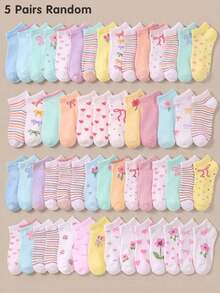 5/10/20 Pairs Random Style Halloween Bowknot Floral Striped Heart Pattern Girls Short Socks, Back To School Season Children Socks, Soft Elastic Breathable School Socks - Multicolor - View 8