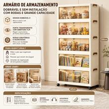 Armário Organizador Dobrável de Plástico 5 Camadas Largura 60.5cm com Rodízios Giratórios 360°, Gabinete Multiuso com Portas Duplas Transparentes de 4 Divisões, Armazenamento para Roupas, Brinquedos, Mantimentos  C - Visão 3