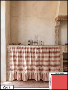 1/2pcs Beige With Red Horizontal Stripes Sink Skirt, Rustic Country Style Fabric Material, Rectangular Top With Gathered Pleats And Bottom Ruffle Details, Storage Concealment And Decorative Function, Kitchen Sink Curtain Suitable For Kitchen Sink Concealment And Rustic Home Decor Scenes - Red - View 14
