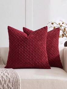 1pc Bohemian Stripe Cushion Cover (Pillow Core Not Included), Modern Soft Corduroy Embossed Decorative Square Pillowcase Suitable For Sofa, Bedroom, Bed, All Seasons - Burgundy - View 1