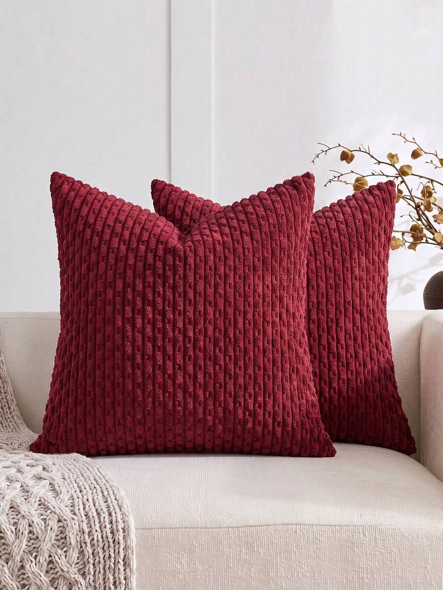 1pc Bohemian Stripe Cushion Cover (Pillow Core Not Included), Modern Soft Corduroy Embossed Decorative Square Pillowcase Suitable For Sofa, Bedroom, Bed, All Seasons - Burgundy - View 1
