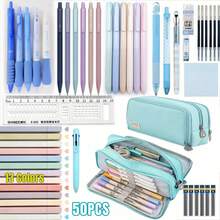 50pcs Morandi Stationery Set, Large Capacity Pencil Case, 6pcs Black Ballpoint Pens, 6pcs Morandi 0.5mm Colored Ballpoint Pens, 13-Color Gradient Highlighters, Sticky Notes, Eraser, Ruler, Cute Office And School Supplies, Neutral Gift, Back To School - Stationery Set - View 2