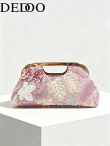 Dedoo 女款手拿包晚宴包，花卉刺繡亮片圖案，金屬接吻鎖手柄，便攜式，適合婚禮派對女性 - 粉色 - 查看 12