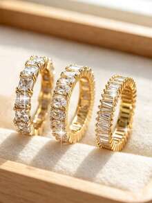 Bộ 5 nhẫn nữ thời trang hình học màu vàng, nhẫn đồng đính đầy đá Cubic Zirconia sang trọng, phù hợp cho đính hôn, Halloween và trang trí hàng ngày - Vàng - Xem 12
