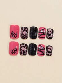 24pcs Halloween Short Square Fake Nails, Rose Pink Glossy, Silver Glitter, White Spider Web, English Letter, Skull, Black Bandage, Rhinestone, Suitable For Halloween Wear, Includes 1pc Jelly Glue And 1pc Nail File - Multicolor - View 3