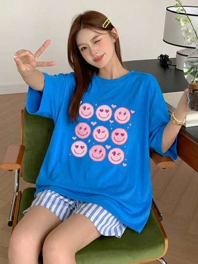 DAZY 2pcs Vintage American Style Cartoon Print, Striped Color Block Casual INS Style Women's Pajama Set