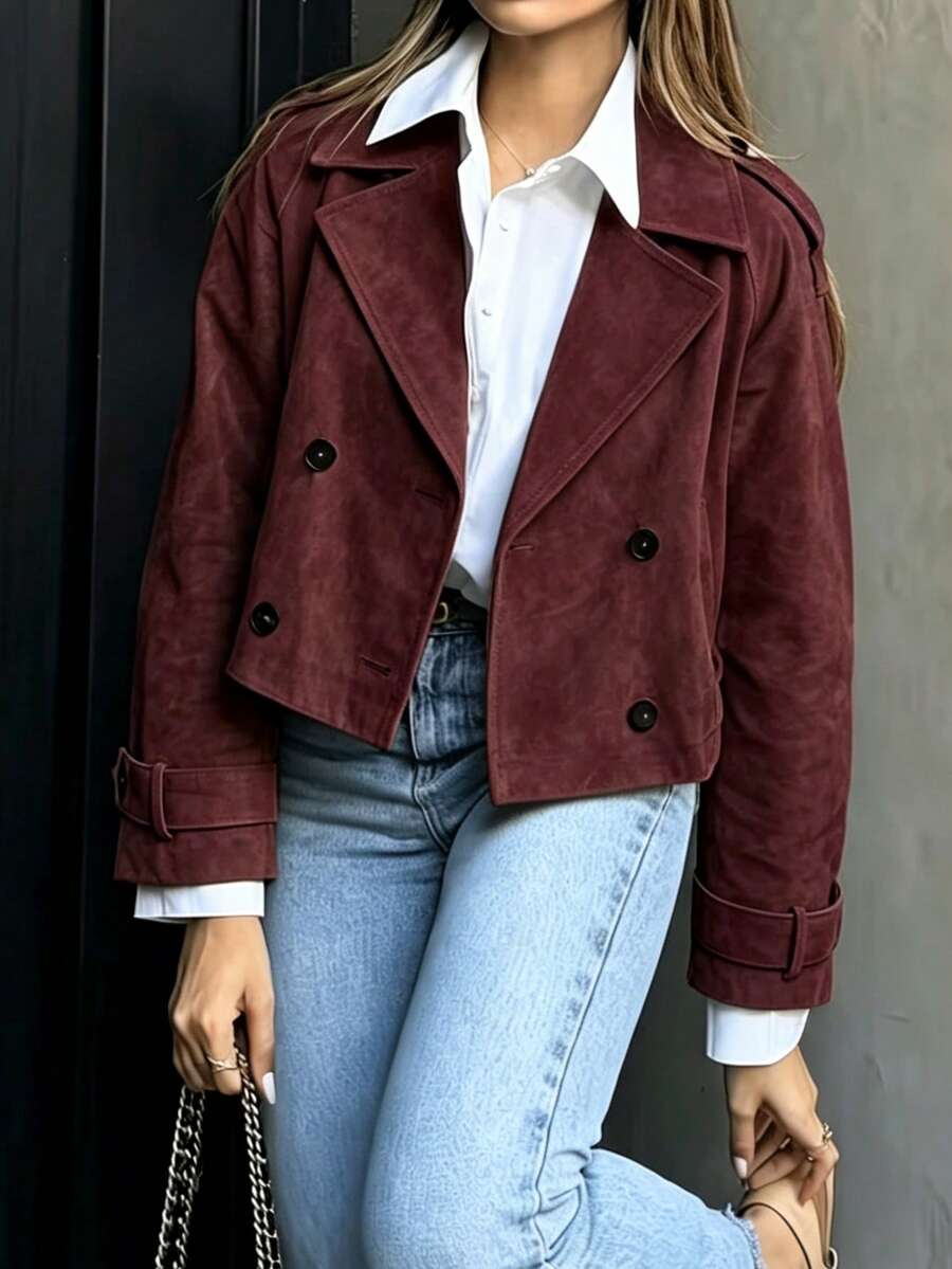 Women's Casual Commute Double-Breasted Jacket, Autumn - Burgundy - View 1