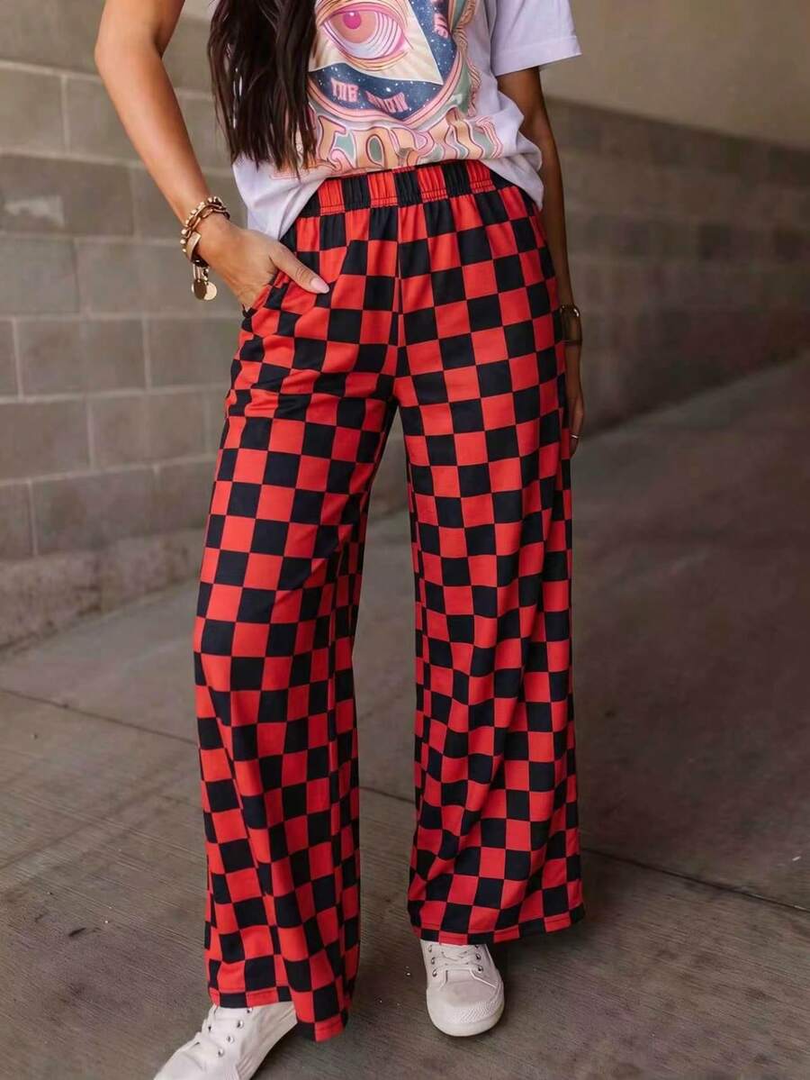 Women's Spring/Autumn New Fashionable Minimalist Checkerboard Print Casual Pants, Personalized Niche Loose Wide-Leg Trousers Suitable For Work, Commute, Office, Travel, Party, School, Home, Daily Versatile Wear - Black and Red - View 1