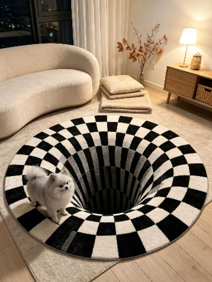 1pc Round Checkerboard Decorative Rug: Thickened Rug, Thick Rug, Plush Rug, Autumn/Winter Rug, Thickened Rug, Decorative Rug, Bedroom Decor, Small Rug, Living Room Small Rug, Bedroom Rug, Living Room Home Decor, Outdoor Rug, Washable Rug - Multicolor - View 1