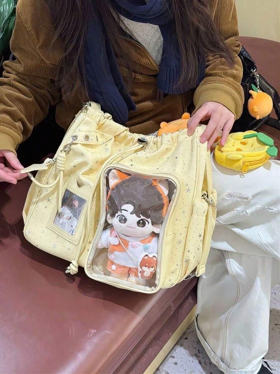 1个可爱甜美校园风大容量帆布抽绳背包,带透明徽章和蝴蝶结设计,适合日常、通勤、聚会、单肩斜挎等场合。 - 彩色 - 查看 1