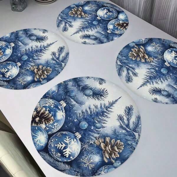 1/2/4/6/8 Linen Placemats With Blue Christmas Tree And Decorative Ball Pattern Design, Adorned With Pine Cones. Durable Indoor And Outdoor Holiday Placemats, Suitable For Kitchen, Dining, And Party Decoration, Holiday Themes, And Home Decor.