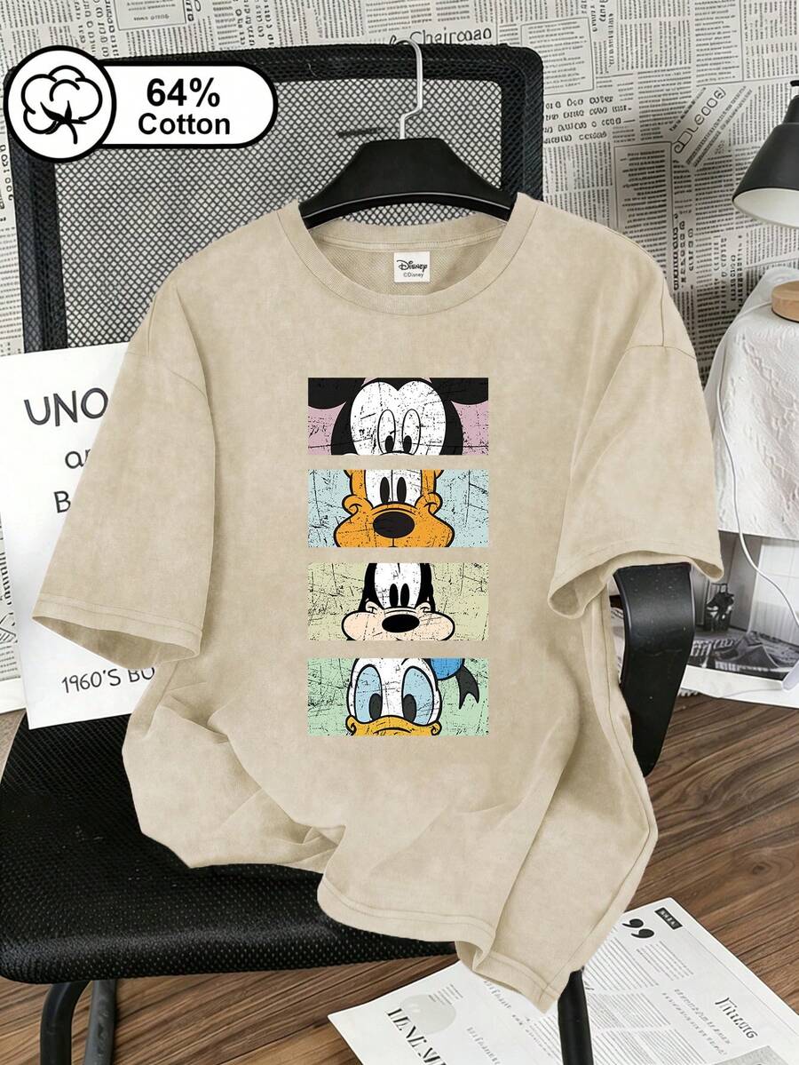 Disney 女款 T 恤,復古米奇與好友頭像印花,復古雪花水洗短袖 T 恤,戶外穿著,女款夏季上衣 - 杏色 - 查看 1