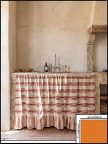 1/2pcs Beige With Red Horizontal Stripes Sink Skirt, Rustic Country Style Fabric Material, Rectangular Top With Gathered Pleats And Bottom Ruffle Details, Storage Concealment And Decorative Function, Kitchen Sink Curtain Suitable For Kitchen Sink Concealment And Rustic Home Decor Scenes - Red - View 13