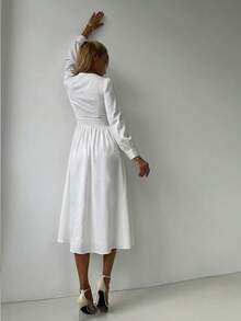 Vestido elegante para mujer con cuello en V, mangas largas abullonadas, cintura alta ceñida con decoración de botones, bajo tipo paraguas, vestido midi de estilo suave para ir al trabajo y citas - Beis - Ver 5