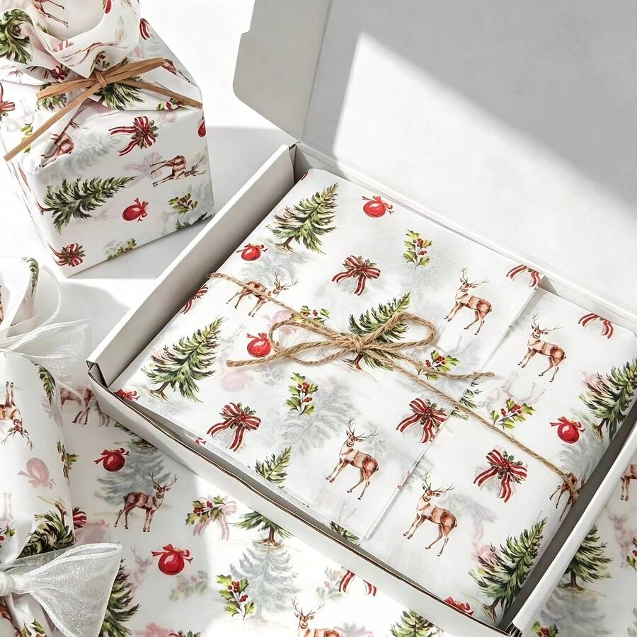 10/30/60 Sheets, Snowy Town Pattern Tissue Paper, With 8 Adhesive Stickers For Easy Sealing, 20*14 Inch Gift Wrapping Paper, Suitable For Christmas Decoration, Gift Bags, Birthday, Wedding Party Decoration, Box And Basket Fillers, Party Gifts