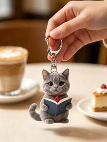 Cute Grey Kitten Reading Pattern Keychain, Party Pendant, Multi-Functional Keychain Decoration, Phone Charm, Backpack Charm, Key Charm, Car Charm, Party Fashion Accessory, Fun 2D Acrylic Accessory, Suitable For Backpacks, Bags, Car Key Charms And Daily Use, Great Choice For Couple Gifts And Party Supplies - Multicolor - View 6