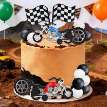 16pcs Motorcycle Theme Cake Toppers: Vintage Motorcycle Flags, Tires And Decorations, Suitable For Children's Birthday Party - Multicolor - View 5