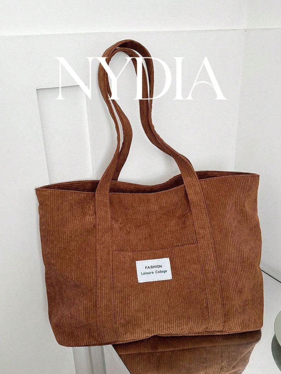 Corduroy Large Capacity Solid Color Simple Tote Bag, Perfectly Matching With Fall Outfits Women Fall Clothes For Women - Brown - View 1