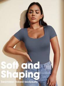 1pc Women Solid Color Shapewear Bodysuit, Tummy Control Slimming Jumpsuit - Dusty Purple - View 1