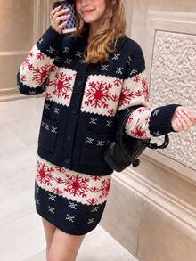 Women's Holiday Snowflake Pattern Cardigan Sweater And Mini Skirt Set, Warm Winter Christmas Knit Set With Buttons - Black - View 3