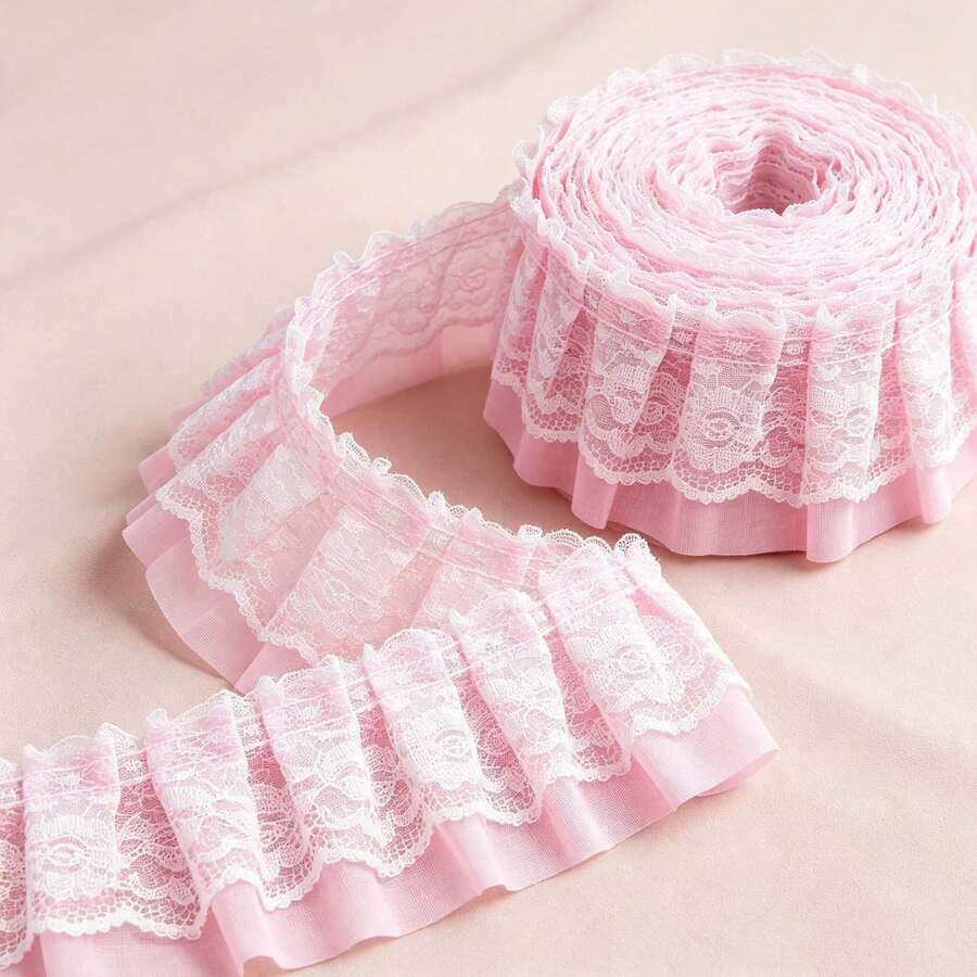 2Y/5Y/10Y شريط دانتيل وردي مزخرف بحافة كشكشة بعرض 5 سم، شريط دانتيل شيفون مطوي بطبقتين للخياطة والحرف اليدوية، فستان لوليتا، ملابس الدمى، ديكور DIY لفيونكة الشعر - A - مشاهدة 1