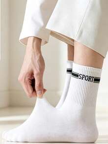 1/5 Pairs Men's Retro Striped SPORT Letter Mid-Calf Socks, Ribbed Cuff, Skin-Friendly Breathable Cotton Socks, Durable Anti-Slip Solid Color Long Socks, Street Casual Fitness Sports Commute Versatile Men's Socks Multi-Color Assortment - Multicolor - View 3
