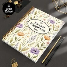 1pc Eternal Happiness Floral Spiral-Bound Notebook (Ruled); A5 25 Sheets/50 Pages; Cover Features A Watercolor Wildflower And Botanical Design; Suitable For School And Office Use; Perfect Gift For Christmas Or Birthdays. - Rectangle - View 3