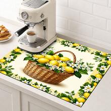 1pc Yellow Lemon Flower Basket Pattern Dish Drying Mat, Fresh Country Style, Quick-Dry Absorbent Material, 2D Flat Floral Print Design, Non-Slip Surface Protection, Suitable For Daily Kitchen, Dish Drying, Family Gatherings And Home Decor - Multicolor - View 5