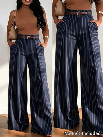 RNU Women's High Waist Deep Brown & Brown Striped Wide Leg Suit Pants, Front Pleated Elastic Waist Loose Wide Leg Pants With Side Pockets, Business Casual Office Long Pants, New Autumn/Winter Women's Vacation Casual Versatile Long Pants